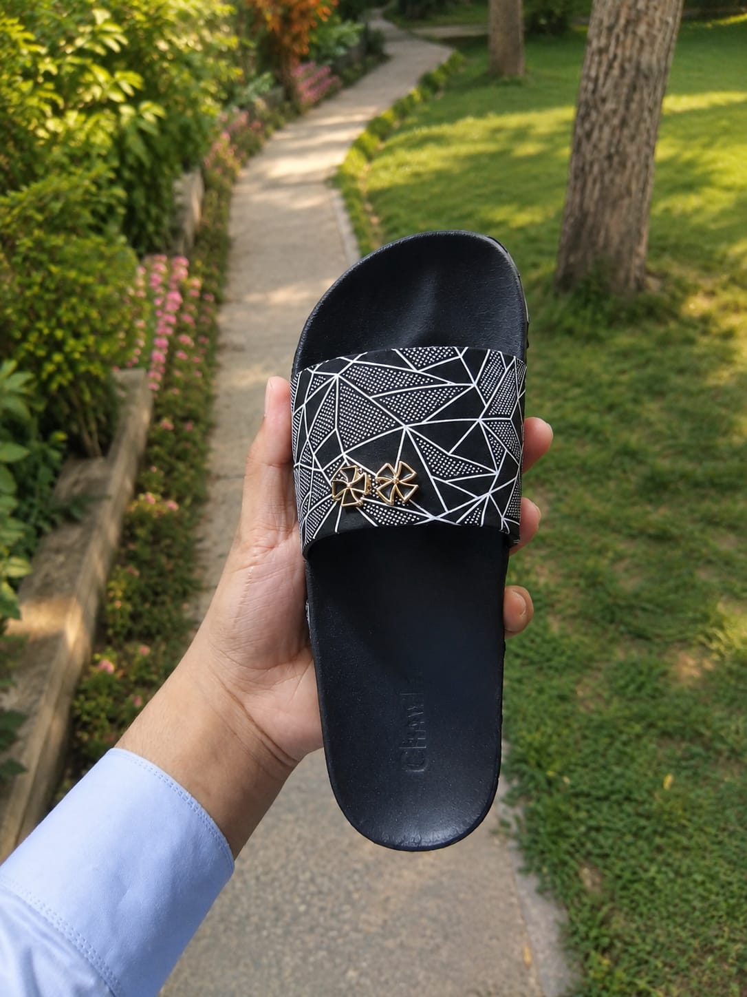 Women's Black Geometric Slides with Gold Charm