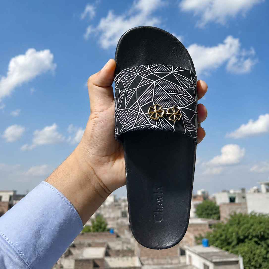 Women's Black Geometric Slides with Gold Charm