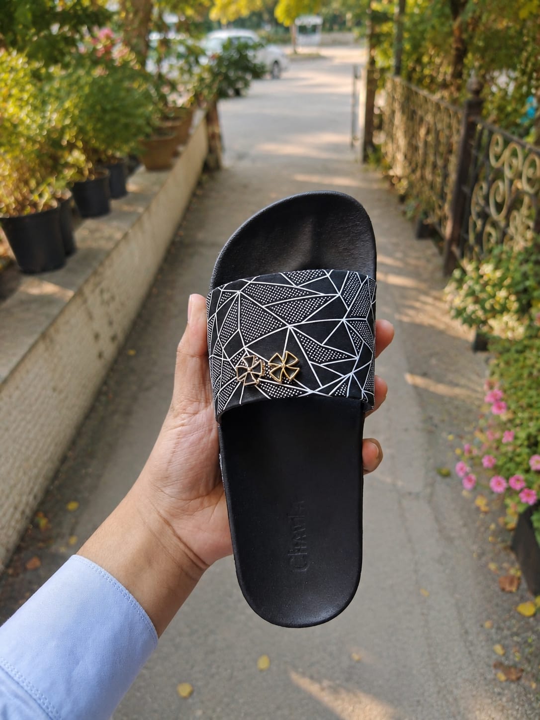 Women's Black Geometric Slides with Gold Charm