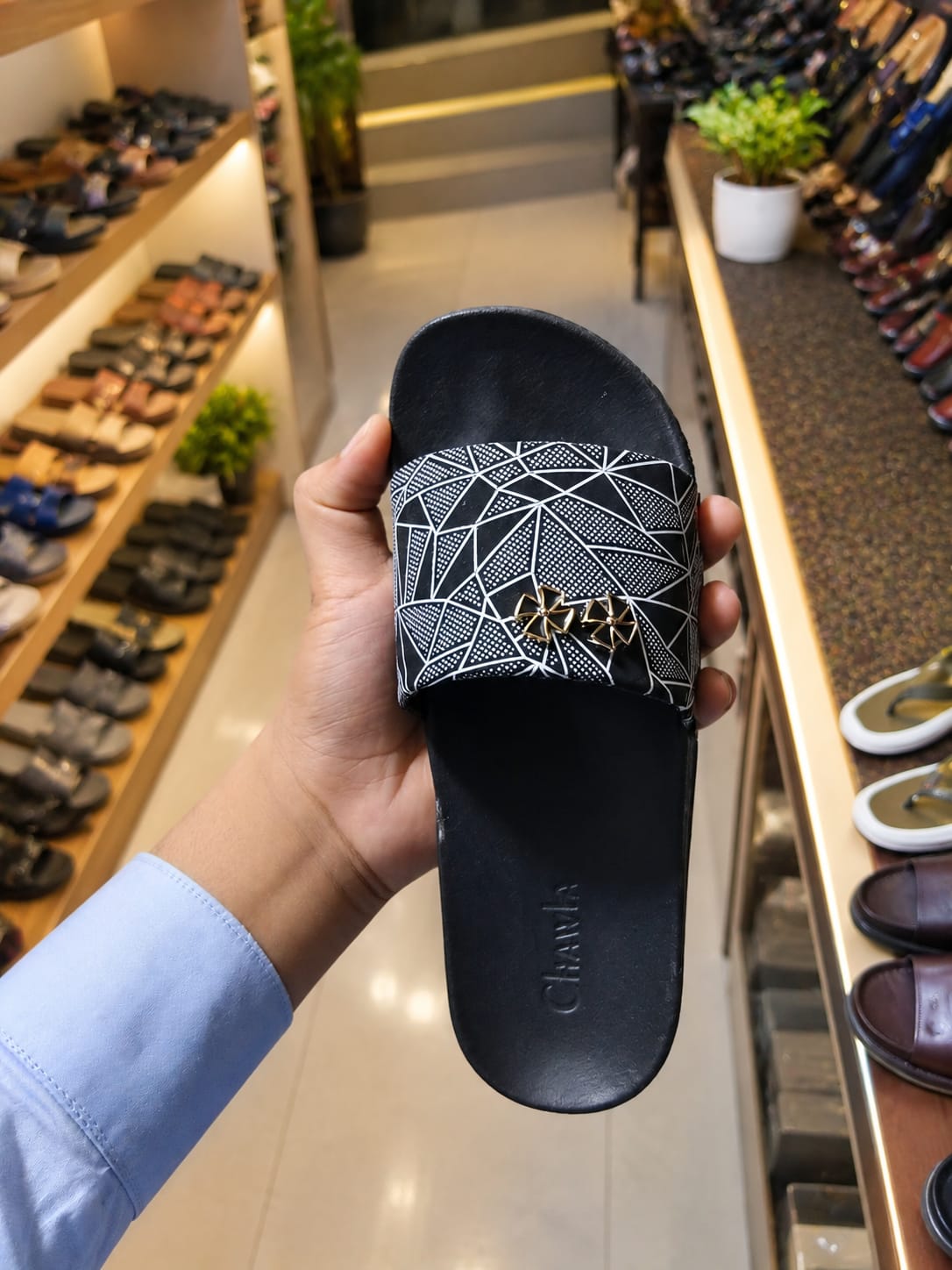 Women's Black Geometric Slides with Gold Charm